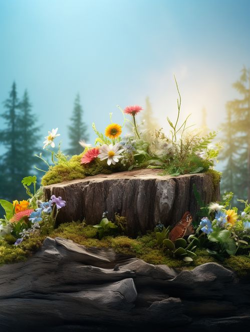 森林植物鲜花木桩 ai场景 电商背景素材 电商素材 产品背景 ai背景图